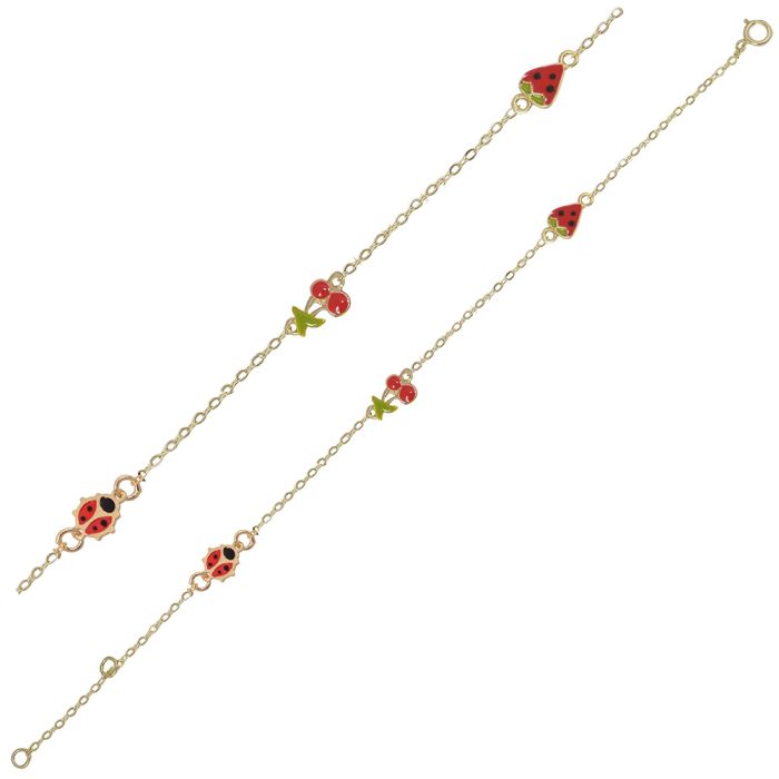 Kid's bracelet in yellow gold with a ladybug, cherrys and a strawberry 9CT HYY0012