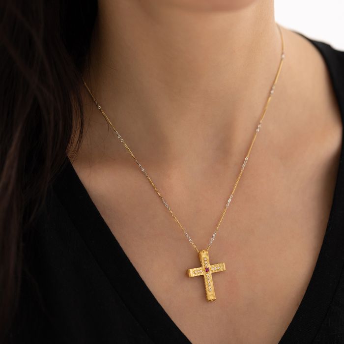 Women's yellow gold cross with zirkon 14CT without chain ITY0086