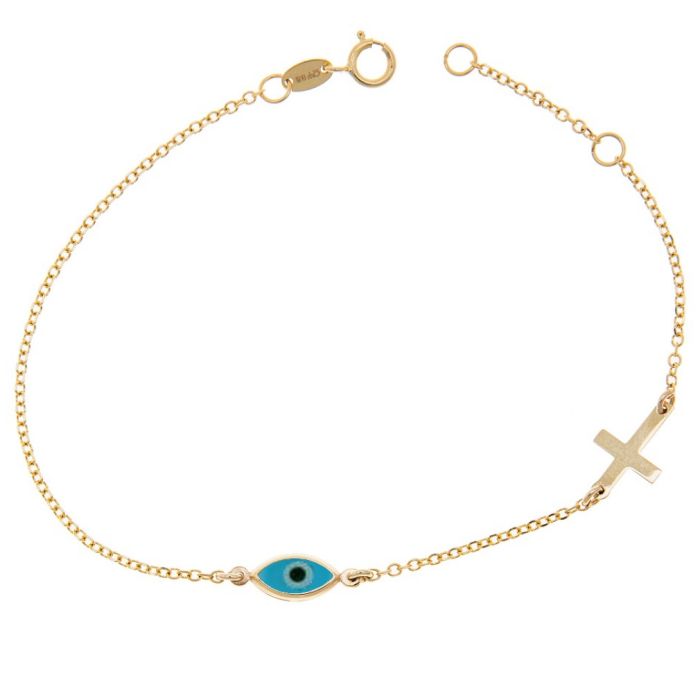 Yellow gold women's bracelet with eye and cross 9CT HVY0027