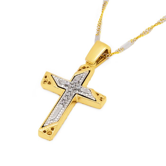 Women's yellow gold cross double view 14ct without chain with zirkon stones ITY0096