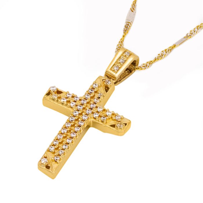 Women's yellow gold cross double view 14ct without chain with zirkon stones ITY0096