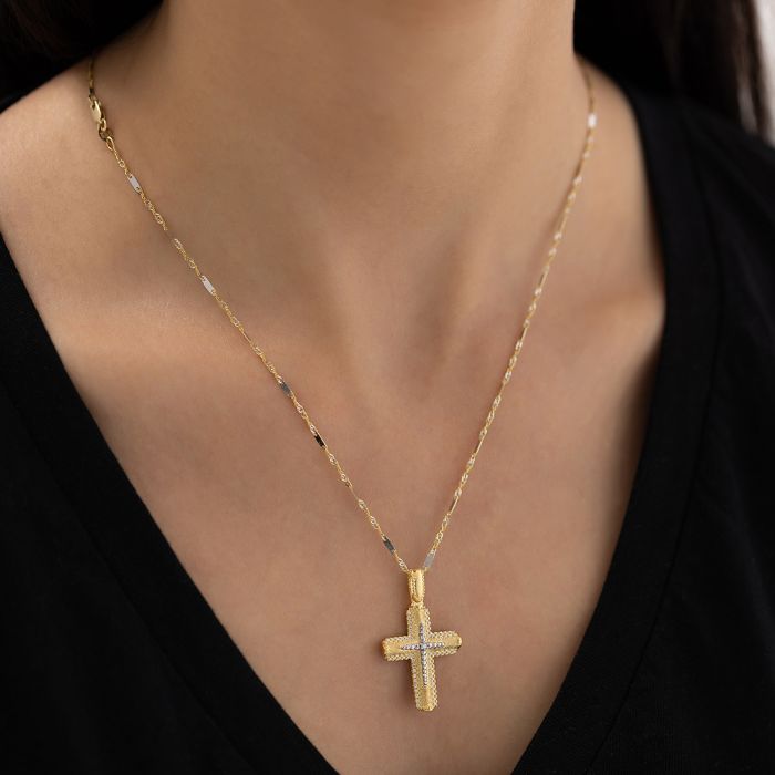Women's yellow gold cross 14CT double face without chain wιth zirkon stones ITY0100
