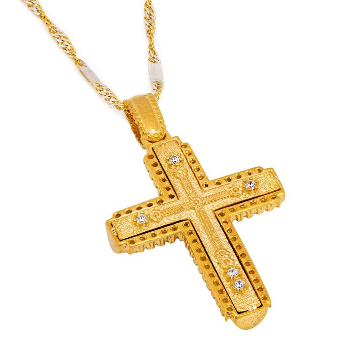 Women's yellow gold cross 14CT double face without chain wιth zirkon stones ITY0100