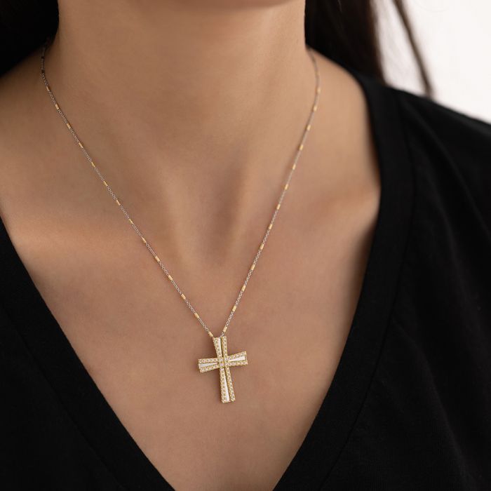 Women's yellow and white gold cross 14CT without chain with zirkon stones ITY0064