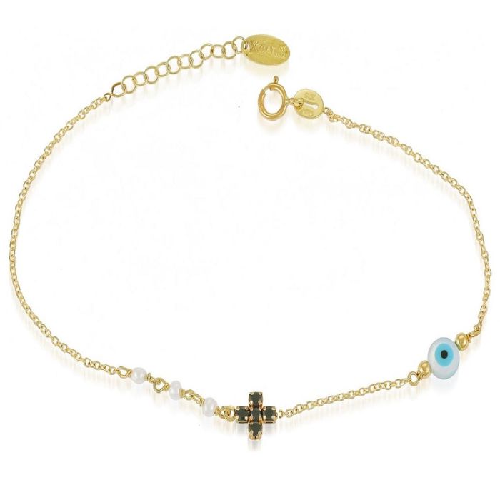 Yellow gold women's bracelet with eye and cross 9ct HVY0028