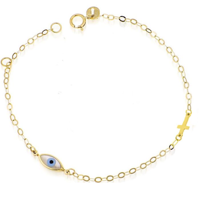 Kid's bracelet in yellow gold with eya and cross 9ct HYY0025