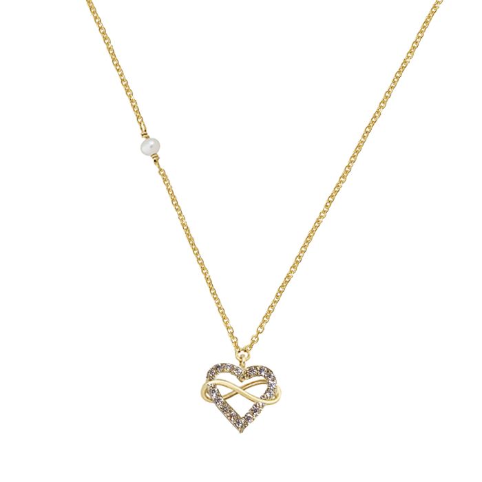 Women necklace Yellow Gold heart with zircon and pearl 9ct HRY0125