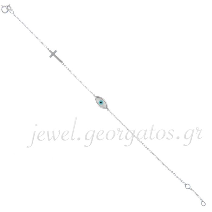 White gold Λευκόχρυσο bracelet with eye and cross 14CT IVM0003