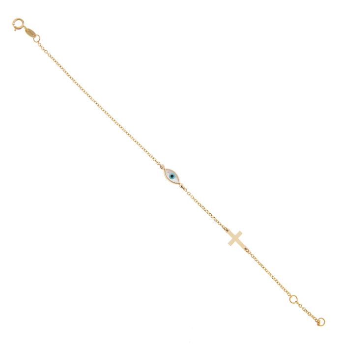 Yellow gold women's bracelet with eye and cross 9CT HVM0009