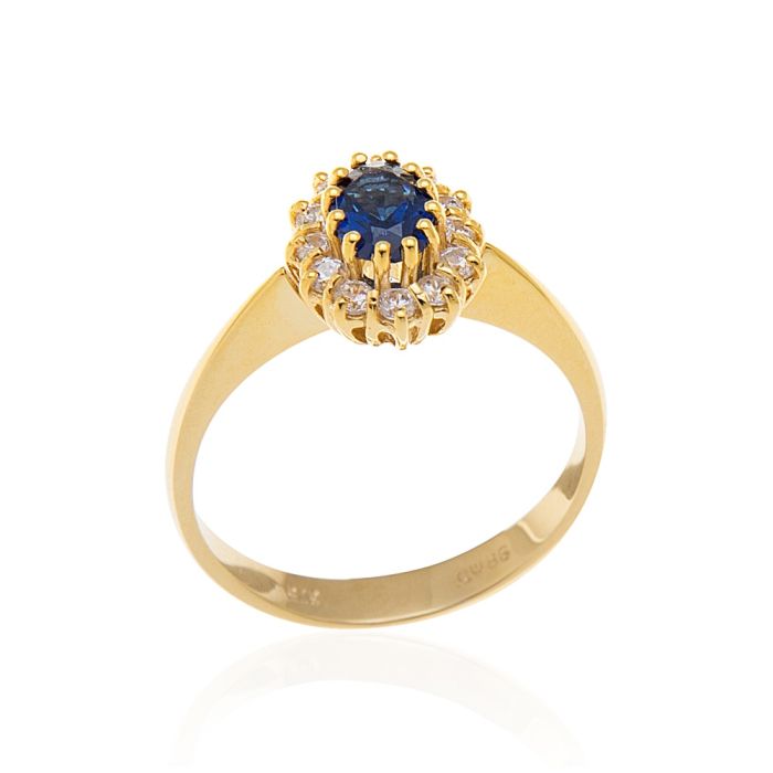 Rosette gold ring 9CT with zirkon in sapphire color HDM0018