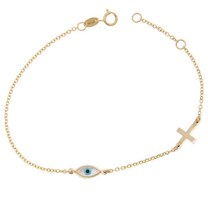 Yellow gold women's bracelet with eye and cross 9CT HVM0009
