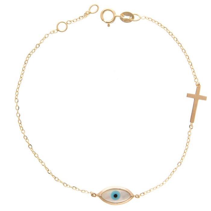 Yellow gold women's bracelet with eye and cross 14CT IVM0002