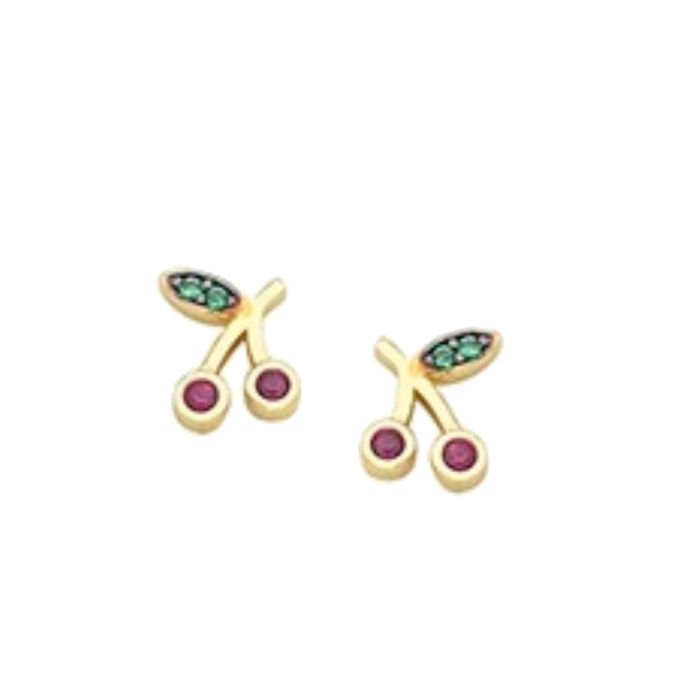 Kid's gold stud earrings 9CT, cherries with zircon
