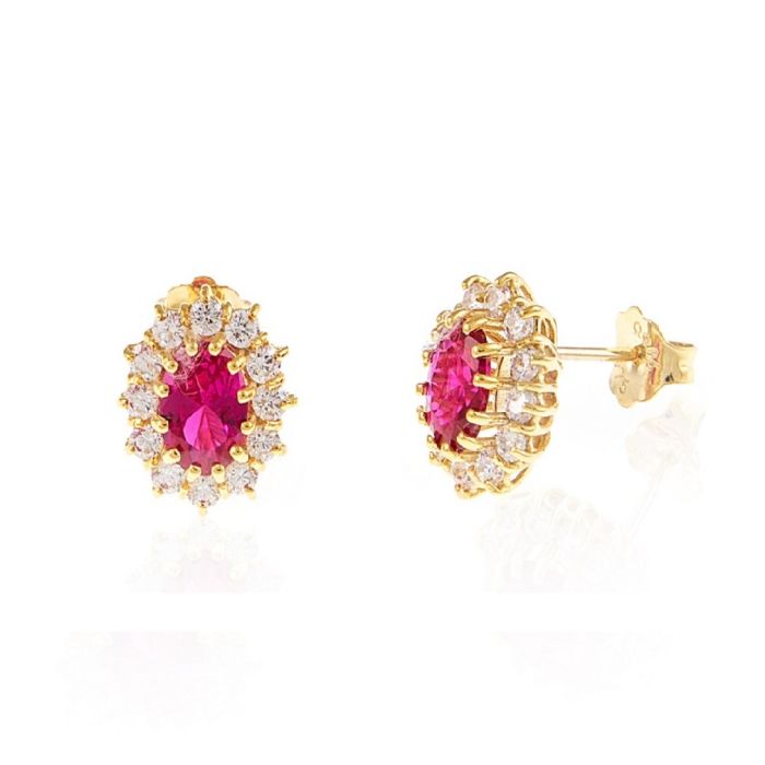 Yellow gold rosette earrings with zircon in ruby color 9CT HSU0024