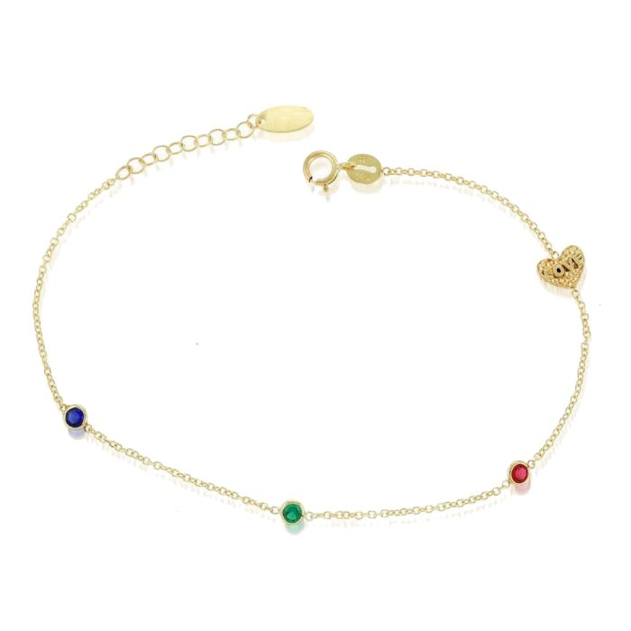 Yellow gold women's bracelet with colored stones and heart 9CT HVM0038