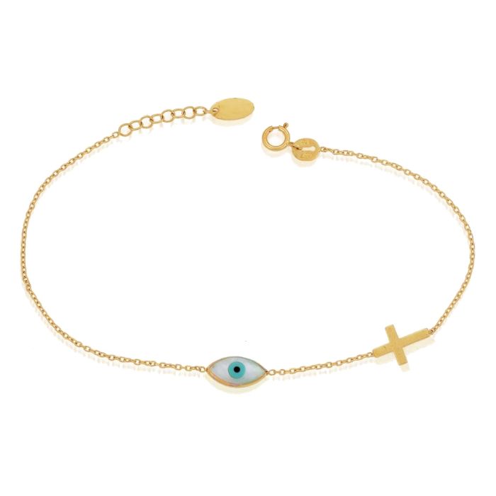 Yellow gold women's bracelet with a small eye and a small cross 9CT HVM0044