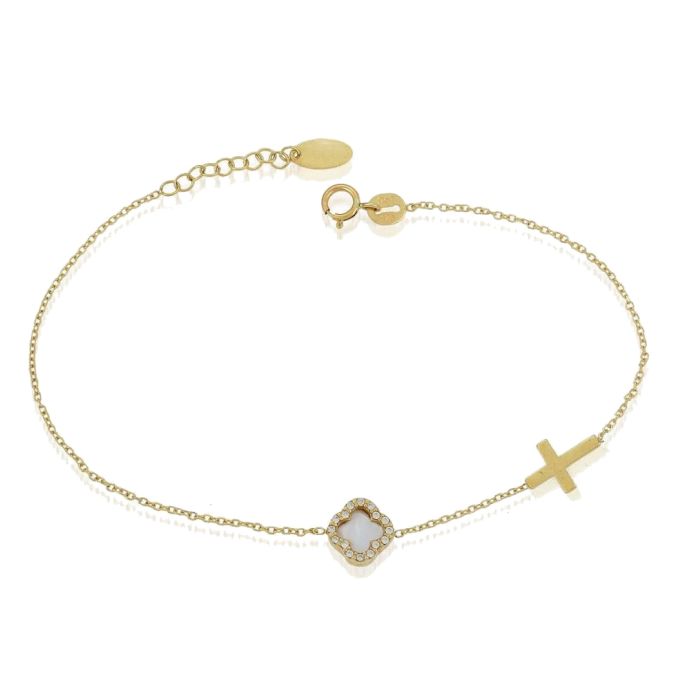 Yellow gold women's bracelet with small cross and zirkon 9CT HVM0030