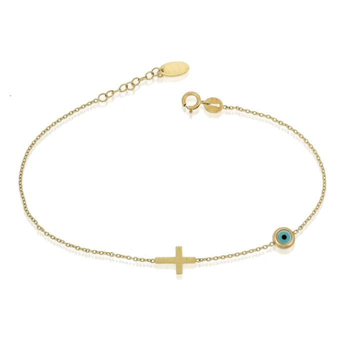 Yellow gold women's bracelet with a small eye and a small cross 9CT HVM0025