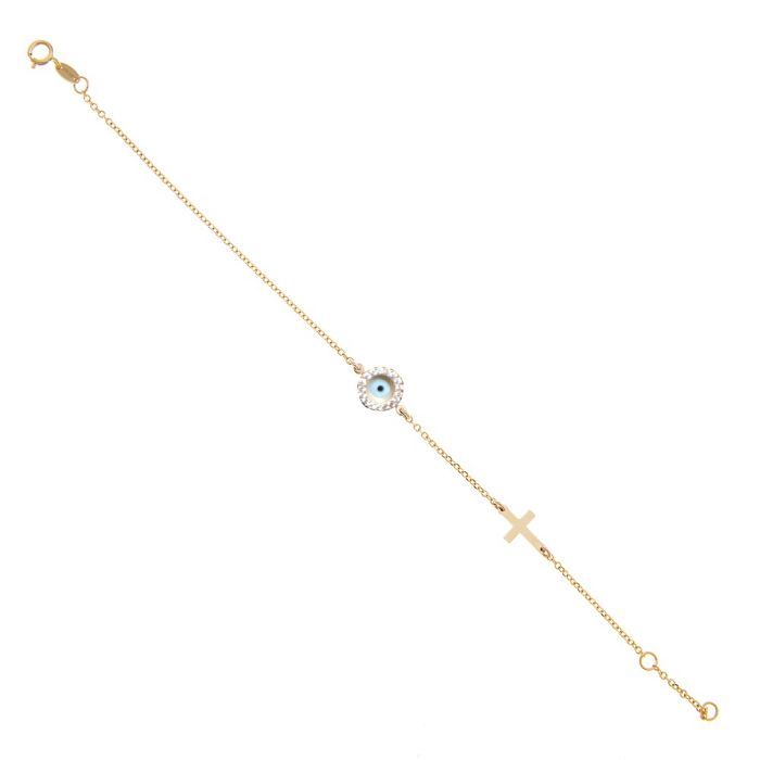 Yellow gold women's bracelet with a small eye and zirkon 9CT HVY0012