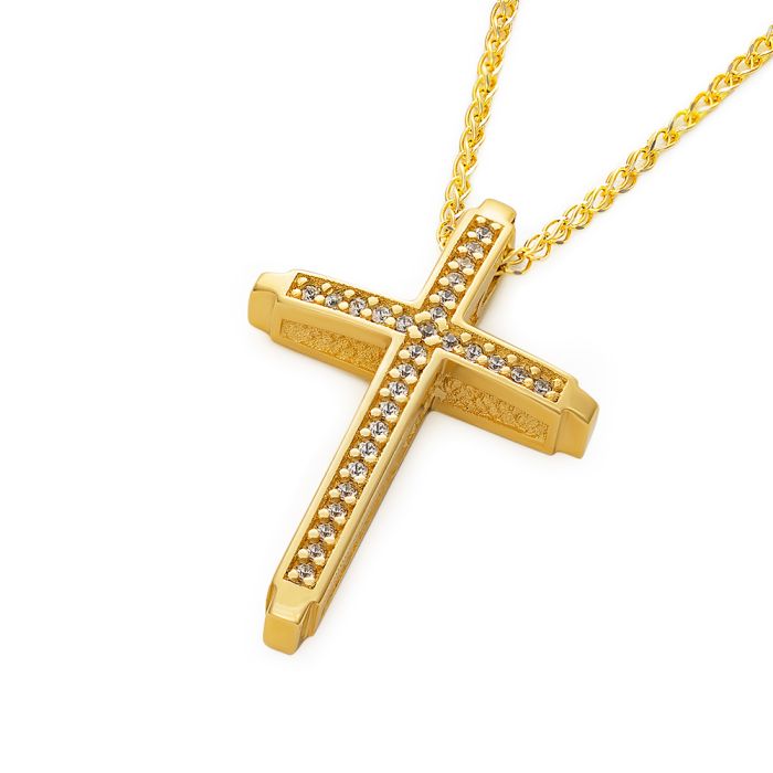 Women's yellow gold cross with zirkon and chain 14CT ITY0040