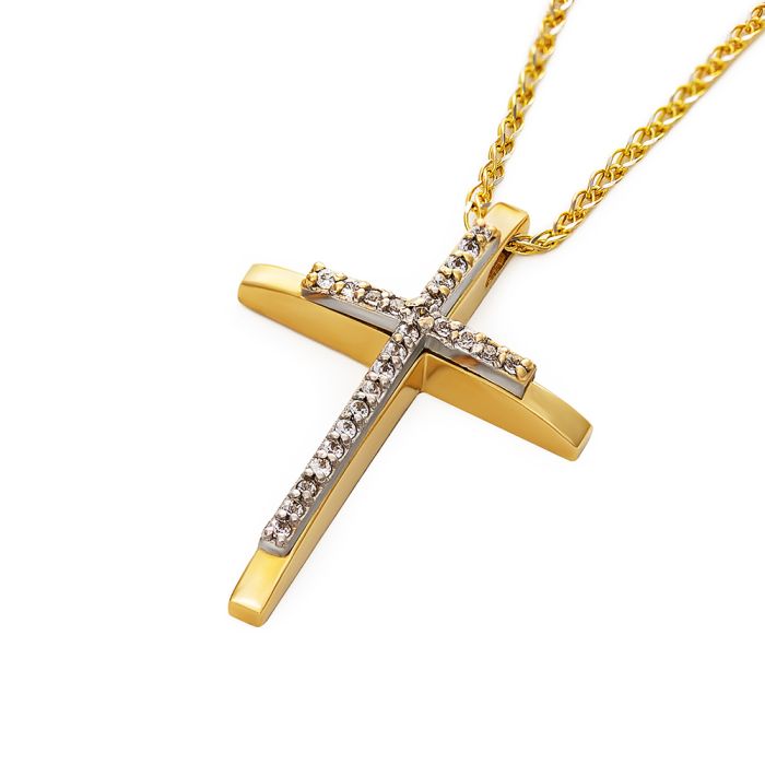 Women's yellow gold cross with zirkon and chain 14CT ITY0043