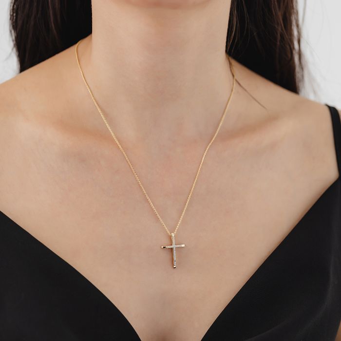 Women's yellow gold cross with zirkon and chain 14CT ITY0043