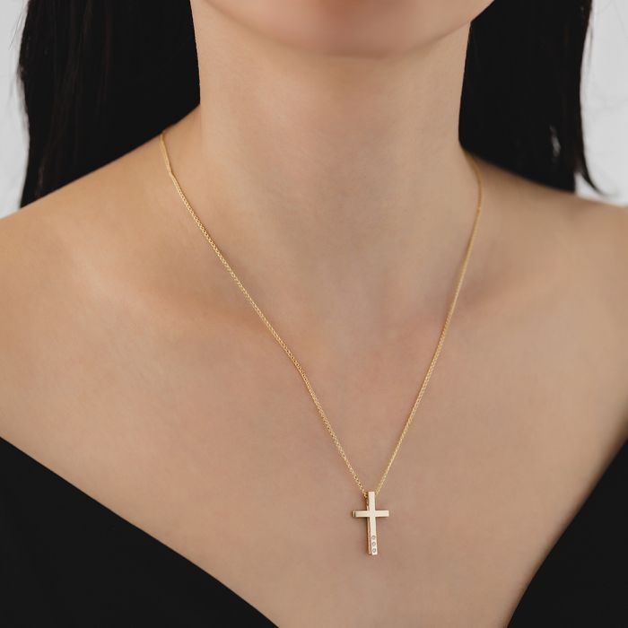 Women's yellow gold cross with zirkon and chain 14CT ITY0044