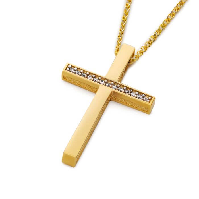 Women's yellow gold cross with zirkon and chain 14CT ITY0045