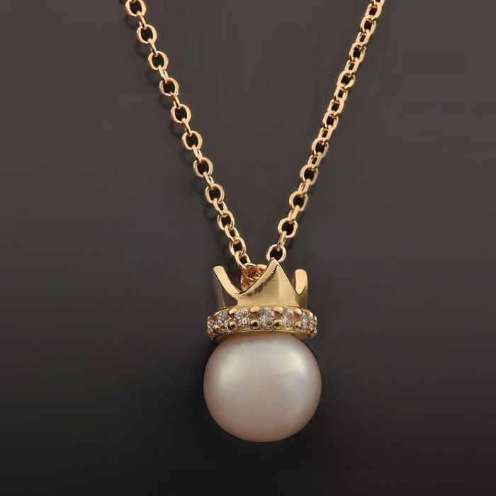 Women's Yellow Gold necklace with pearl and zirkon 9CT HRU0015