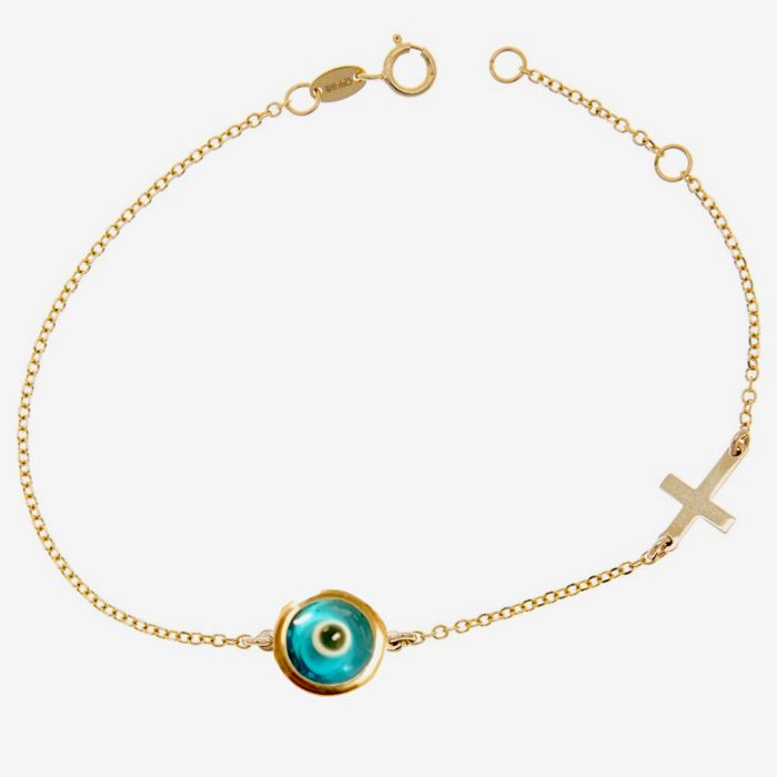 Bracelet yellow gold with eye and cross 9CT HVU0032