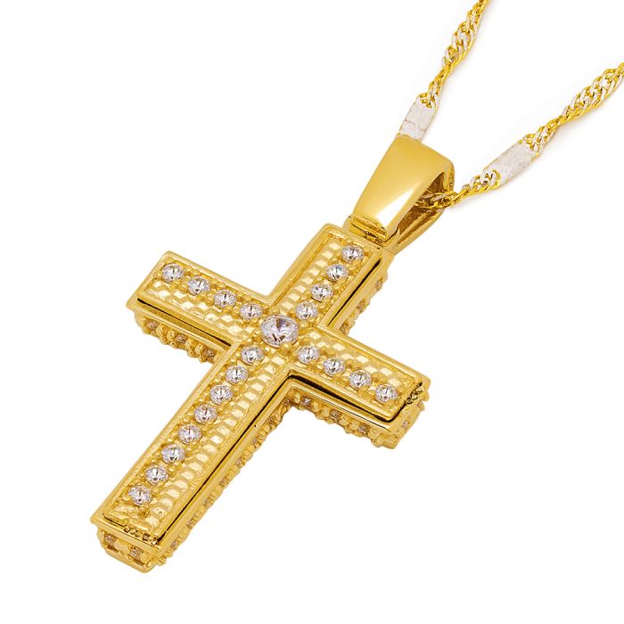 Women's yellow gold cross 14CT double face without chain with zircon stones ITY0097