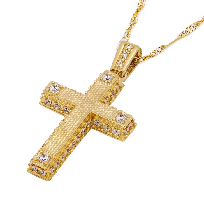 Women's yellow gold cross 14CT double face without chain with zircon stones ITY0097