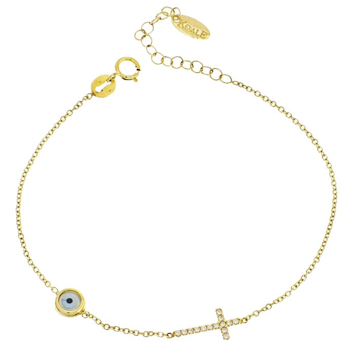 Yellow gold women's bracelet with eye and cross and zirkon stones 14ct IVY0016