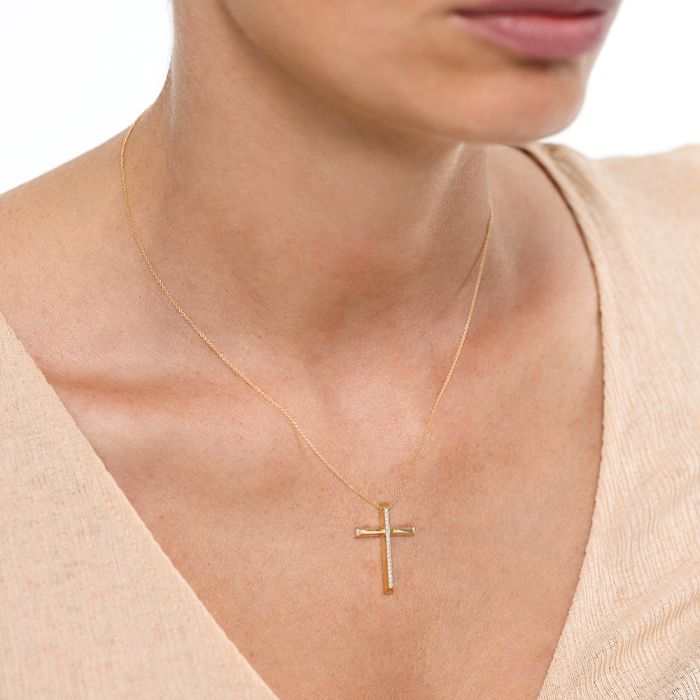 Women cross Yellow Gold with chain and brigian 18ct STZ0002