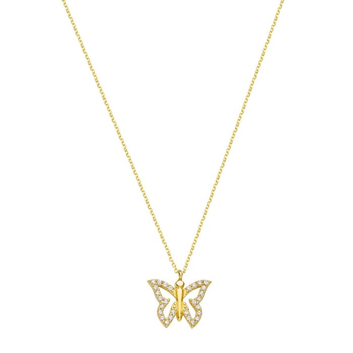 Women necklace  Yellow Gold 9ct with butterfly design and zirconia stones HRR0050
