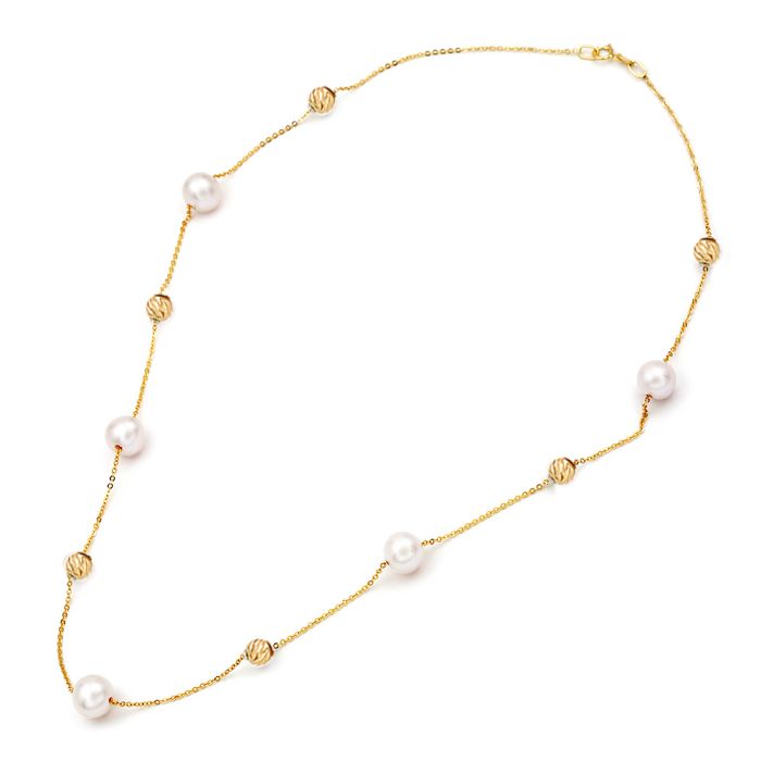 Alternate Pearl Necklace with Gold Diamond Ball 5.00mm -5.5mm 14K IIY0029