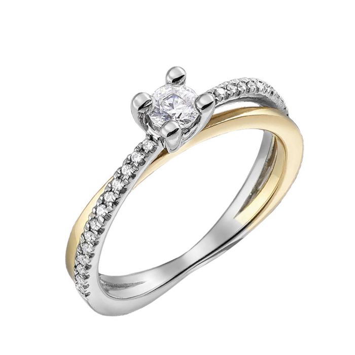 Women's Double Diamond Single Stone Ring in White and Yellow Gold 18K SDB0058