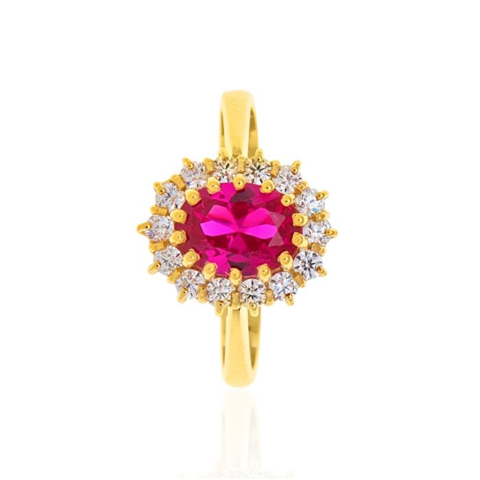  Women's rosette ring yellow gold with ruby ​​and zircon 14K IDU0005 