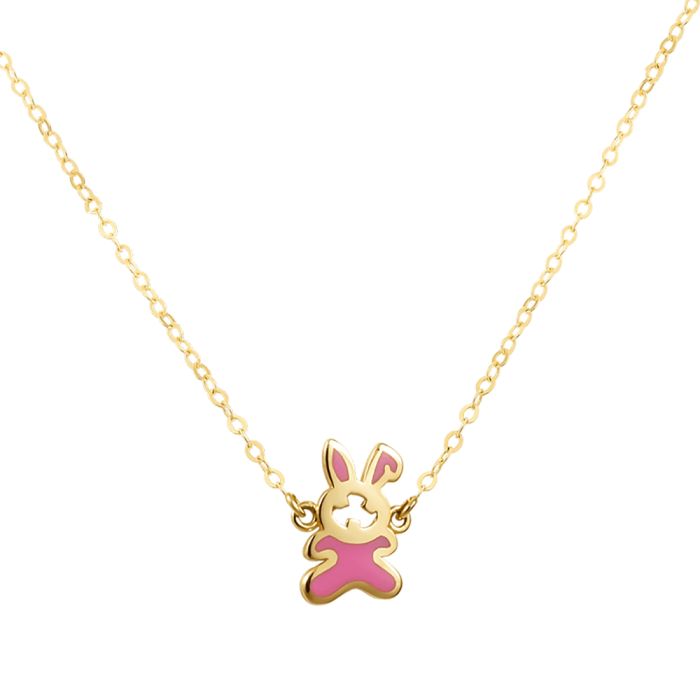 Women's yellow gold bunny necklace with pink enamel 9K HRE0294