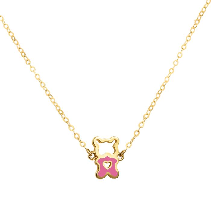 Women's yellow gold teddy bear necklace with 9K enamel HRE0295