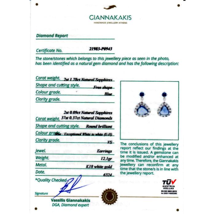 Women's 18K White Gold Sapphire and Diamond Dangle Earrings SSE0006