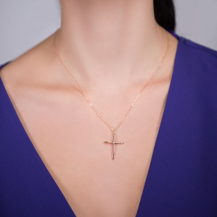 Women's small cross in pink gold decorated with zircon 14CT ITD0395