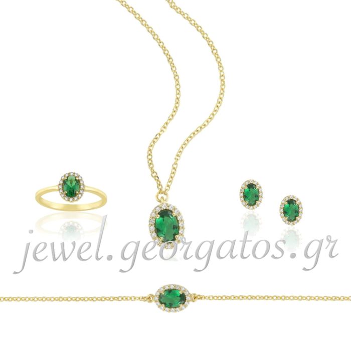 Set Yellow gold of women's jewelry with zircon in emerald color 9CT SETHRE0228