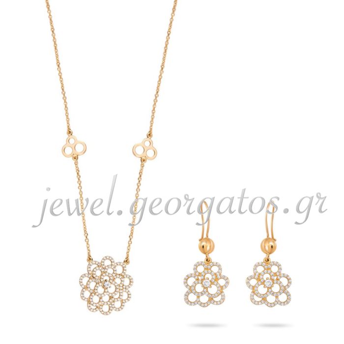 Set yellow gold of women's jewelry with flower design with zirkon 14CT SETIRE0047