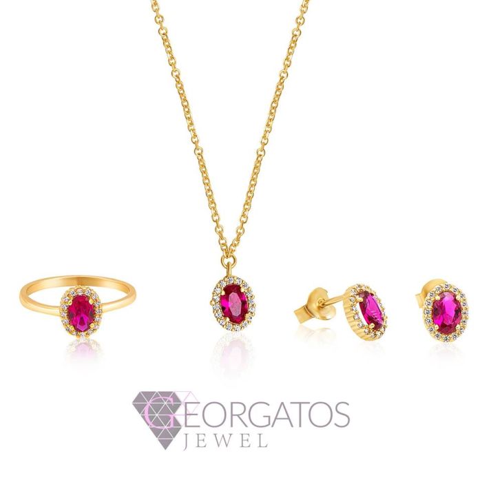 Set Yellow gold of women's jewelry with synthetic ruby 9CT SETHRE0267