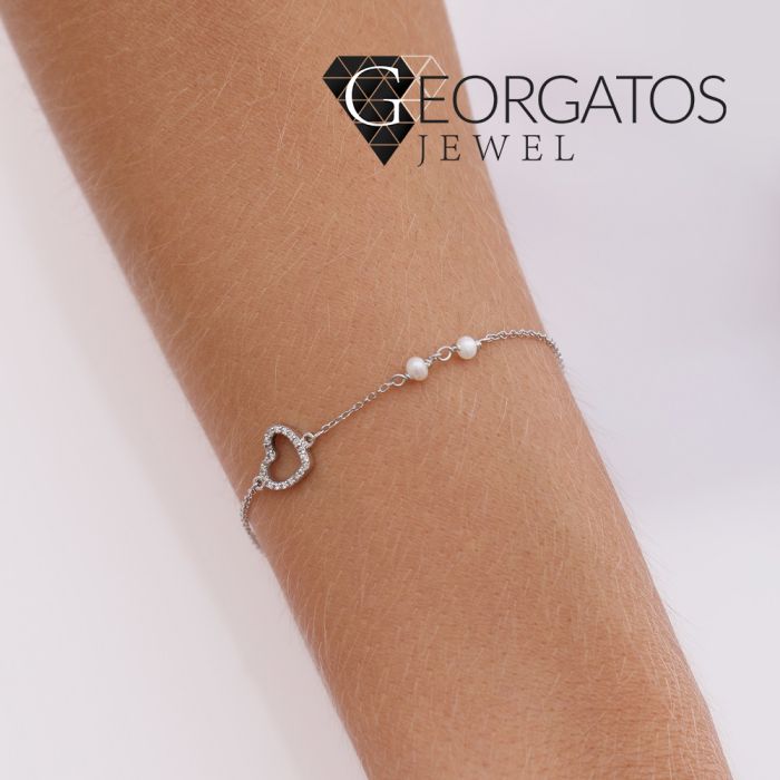 Bracelet white gold with heart and pearls 9CT HVL0054