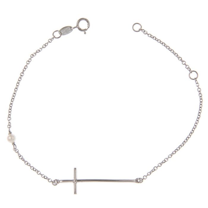 White gold women's bracelet with cross and pearl 9CT HVL0016