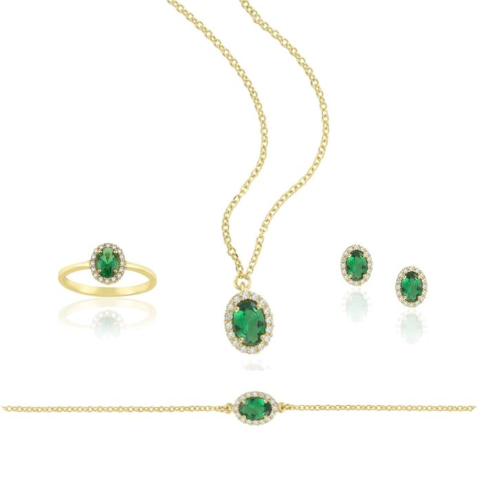 Set Yellow gold of women's jewelry with zircon in emerald color 9CT SETHRE0228