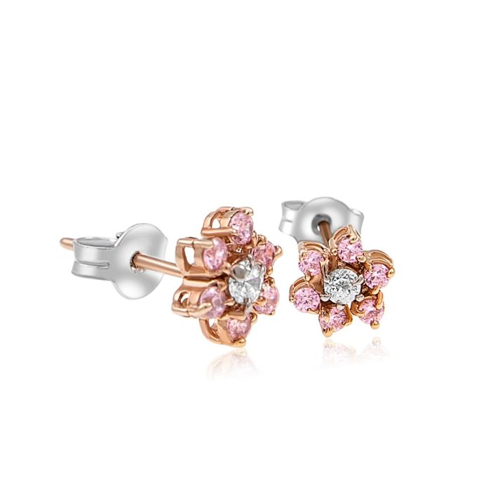 Women's daisy white gold earrings with pink stones 14CT ISB0113