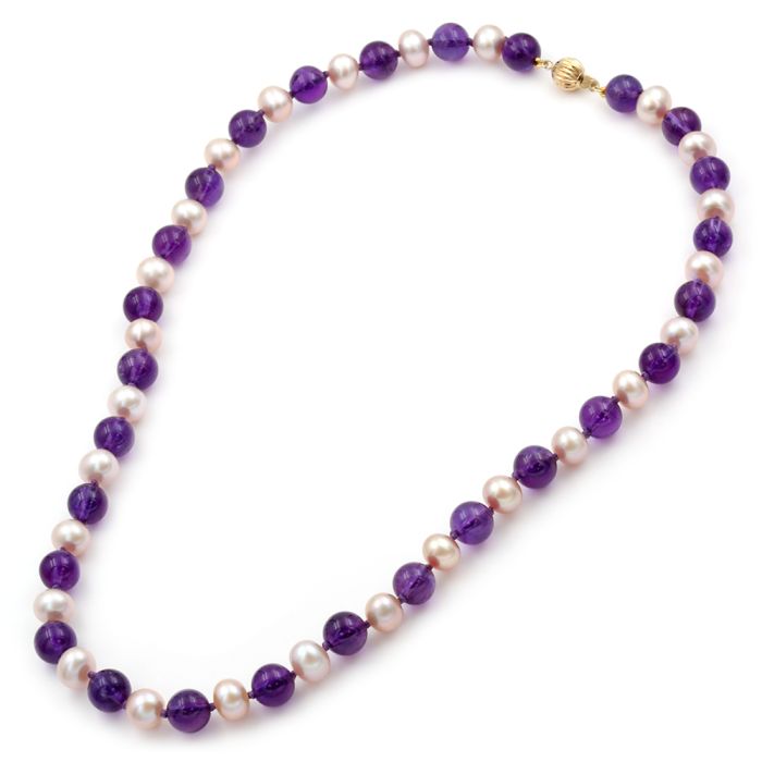 Women's necklace with Amethyst and Pearls 8,0mm 14CT IIY0021